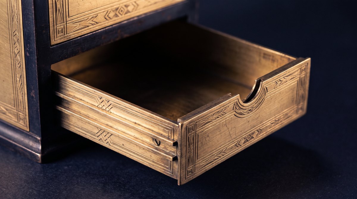 An empty engraved brass card-index drawer pulled open, nothing filed inside